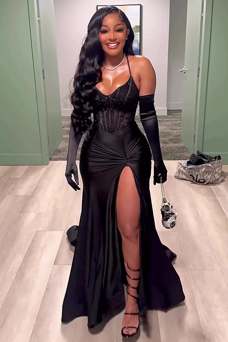 Black Evening Dress Long Prom Dress With Gloves
