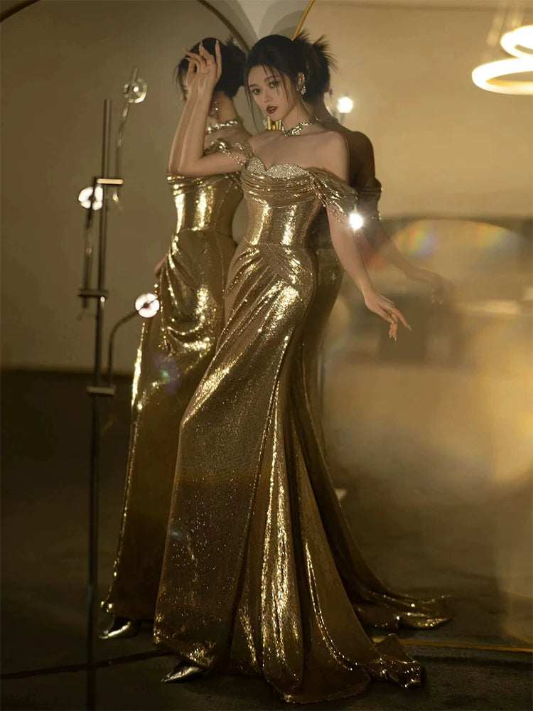 Mermaid Gold Long Prom Dress Sexy Off Shoulder Evening Dresses   fg7664