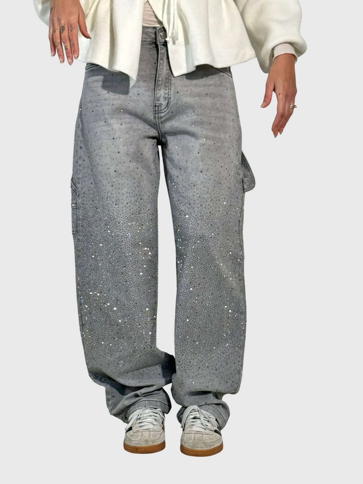 Rhinestone Embellished Wide Leg Cargo Jeans