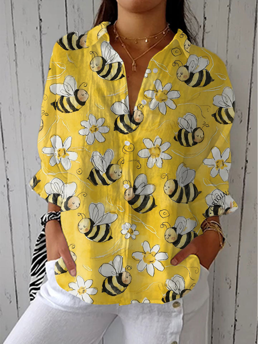 Bee Floral Print Button Front Roll Sleeve Shirt