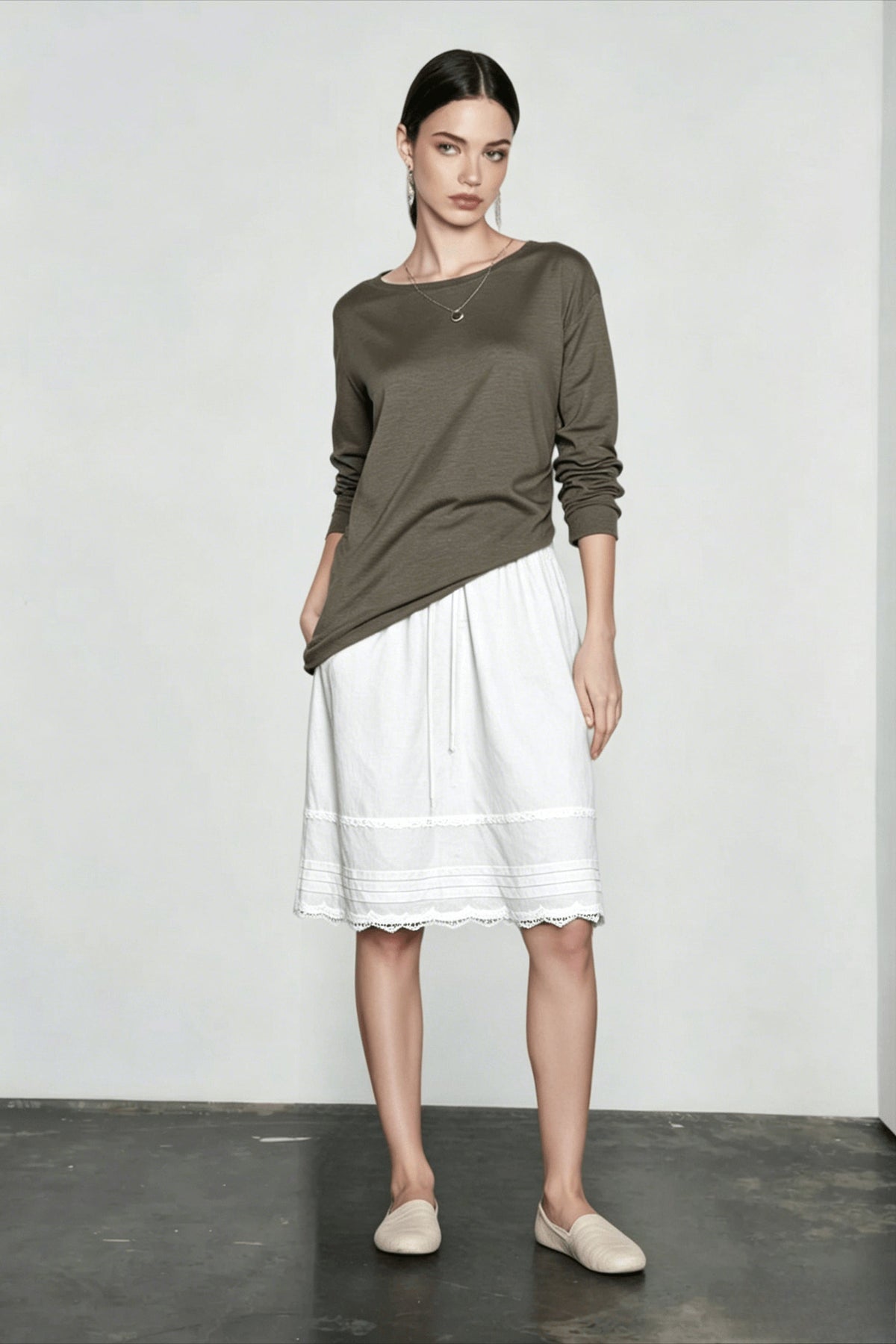 Drawstring Waist Pintuck Scalloped Lace Trim Knee Length Skirt 3