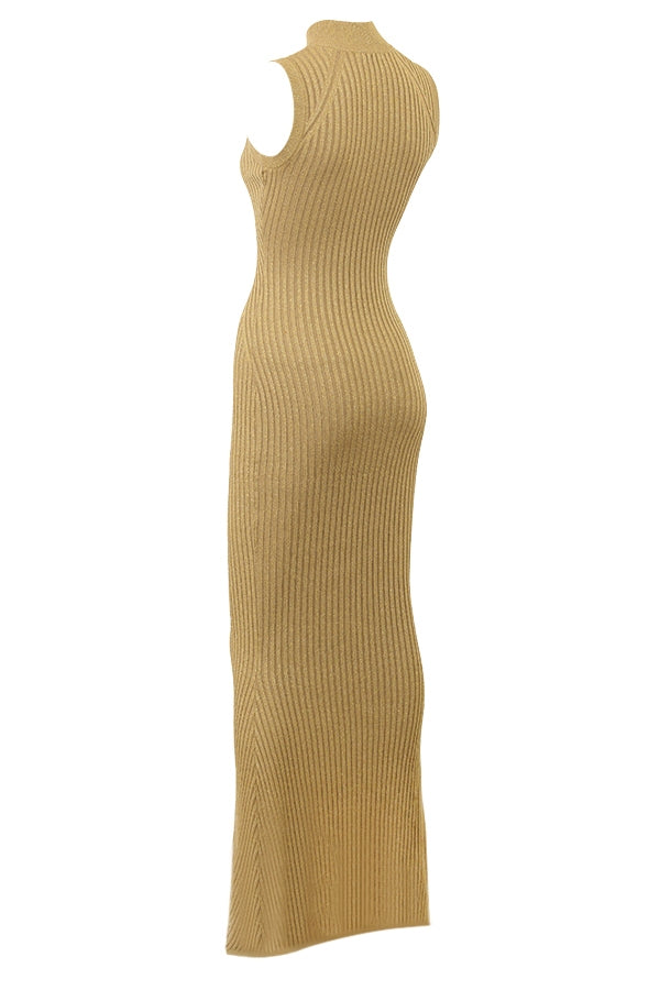 Metallic Ribbed Knit Mock Neck Sleeveless Bodycon Maxi Dress 10