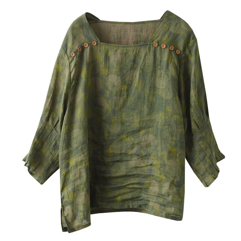 Spring Retro Print Loose Linen Patchwork T-shirt
