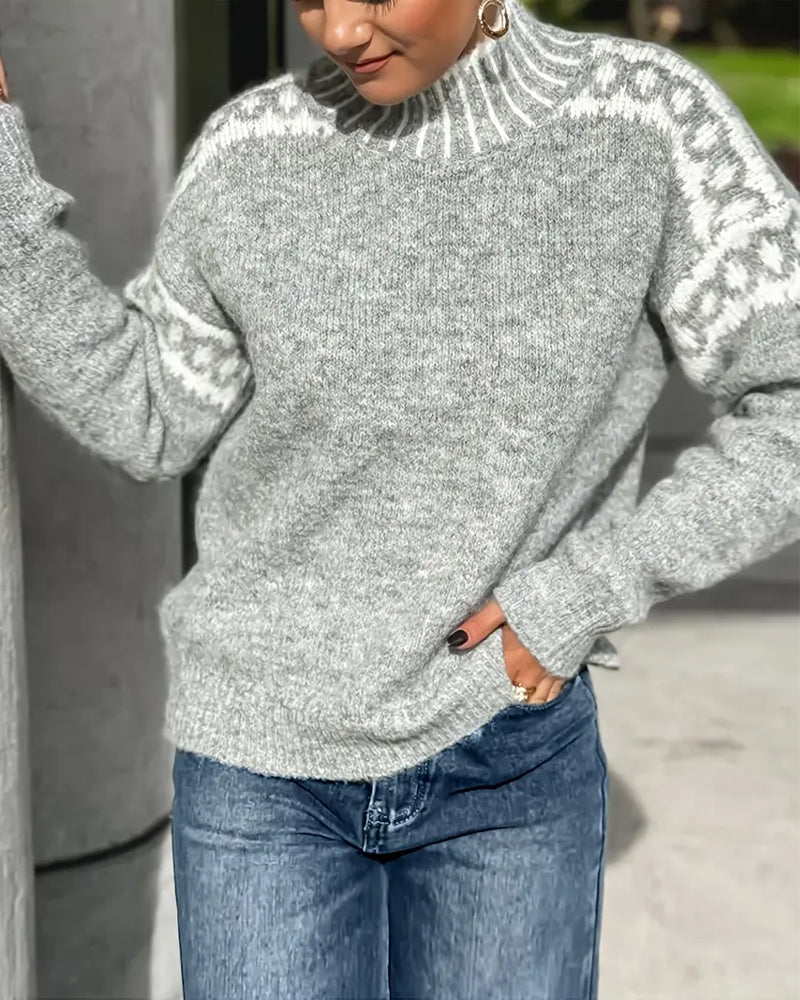 Fair Isle Yoke Mock Neck Oversized Sweater