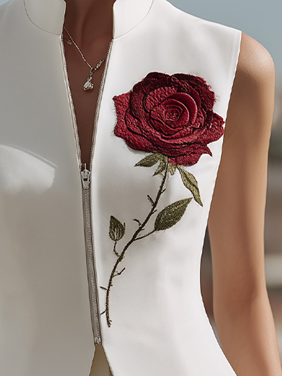 Rose Embroidered Stand Collar Zip Front Vest