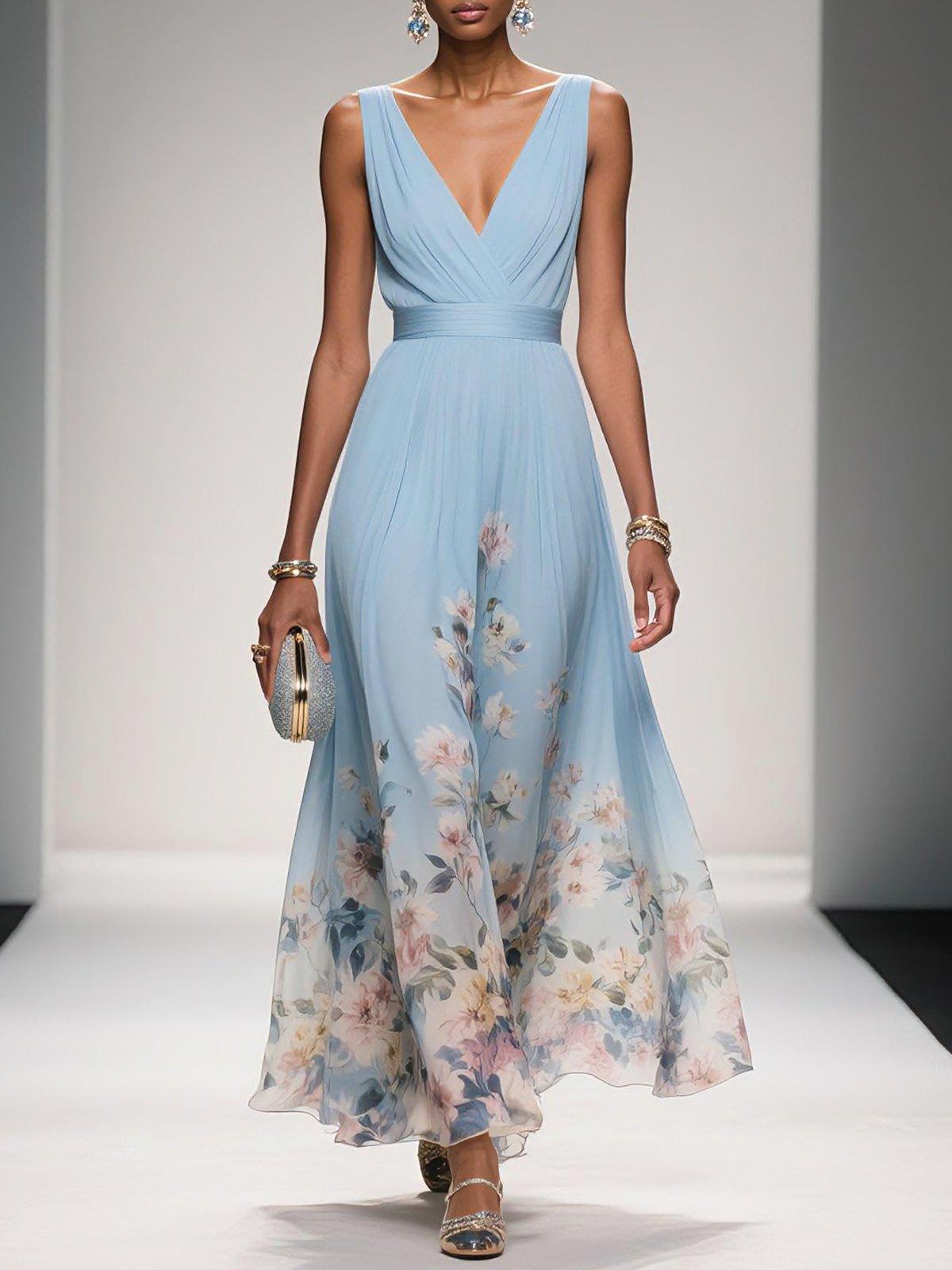 Floral Chiffon Deep V-Neck Sleeveless Pleated Maxi Dress