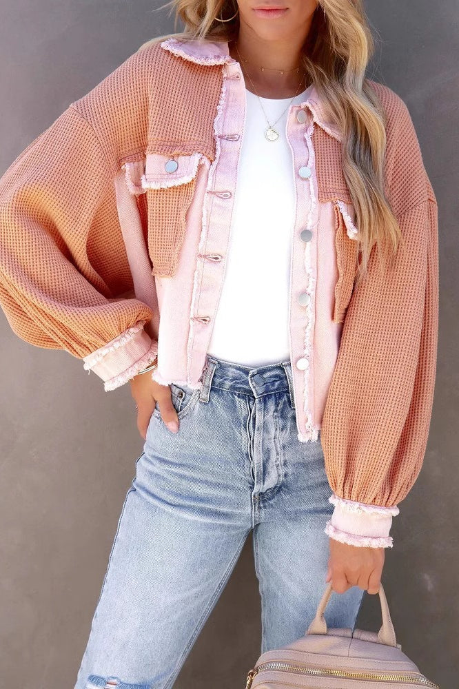 Waffle Knit Balloon Sleeve Frayed Trim Button Front Cropped Jacket