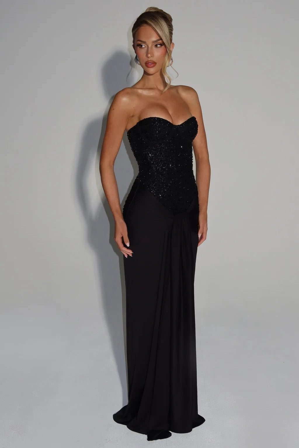 Sequin Strapless Corset Ruched High Split Mermaid Maxi Dress