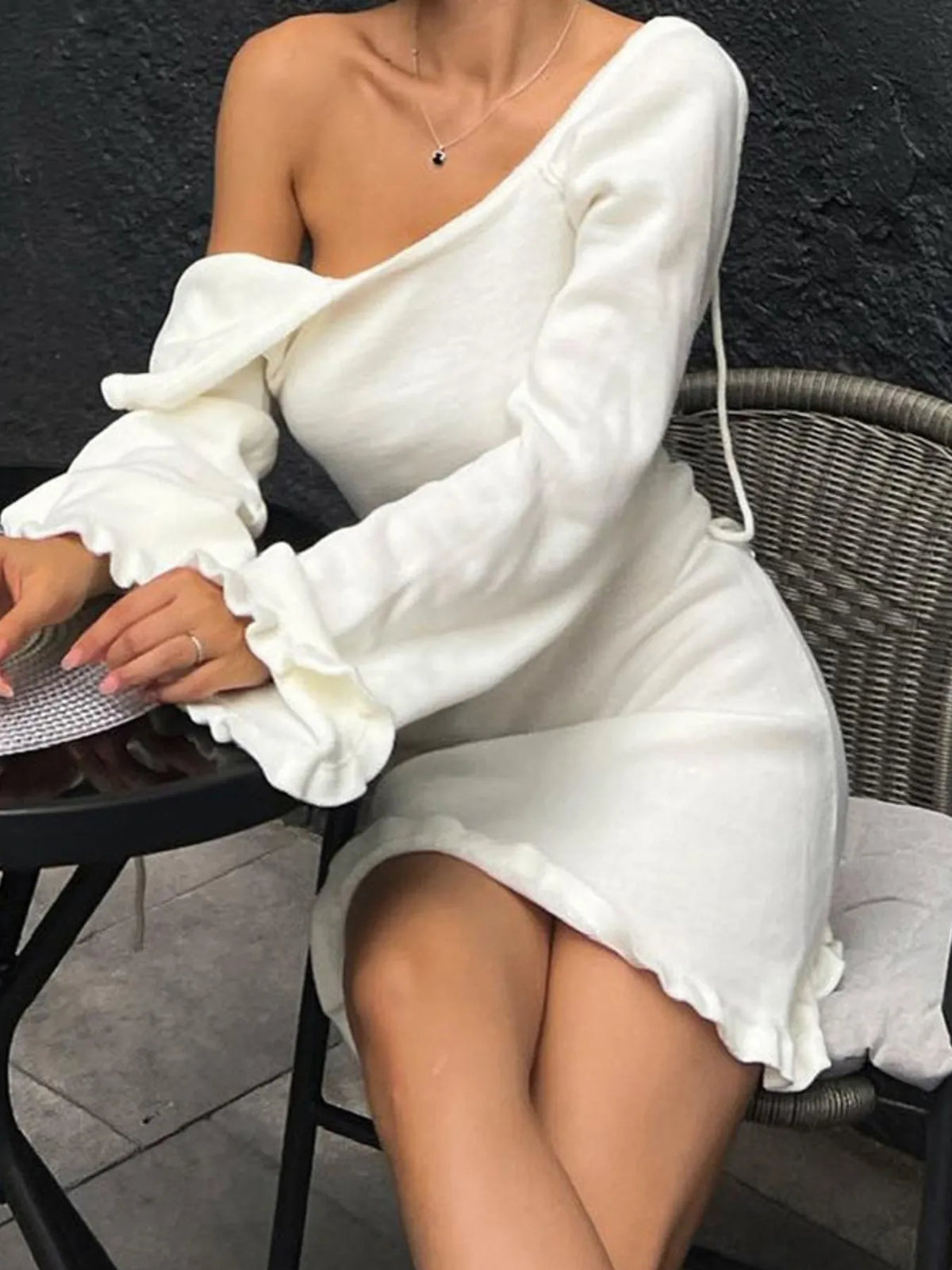 Knit Flare Long Sleeve Open Back Ruffle Hem Sweater Mini Dress 6