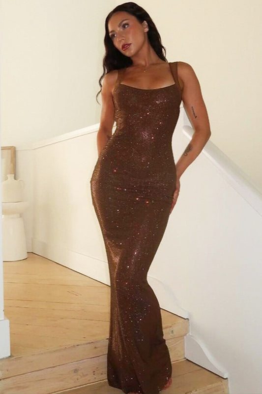 Glitter Mesh Cut Out Backless Ruched Bodycon Midi Dress