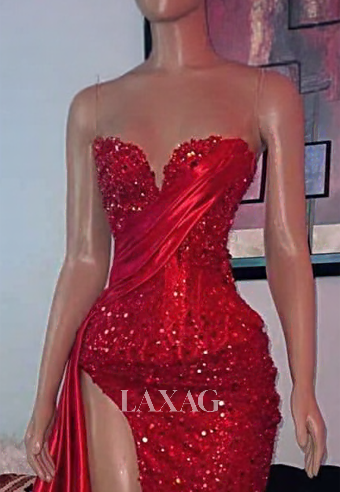 Sweetheart Off-Shoulder Sleeveless Pleated Fully Sequins High Slit Mermaid Prom Dress with Satin Train