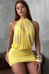 Halter Mesh Open Back Gathered Mini Tight Bodycon Dress