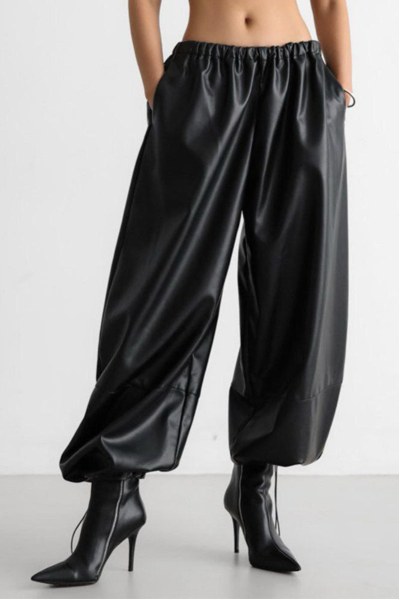 Drawstring PU Harem Loose Tapered Pants