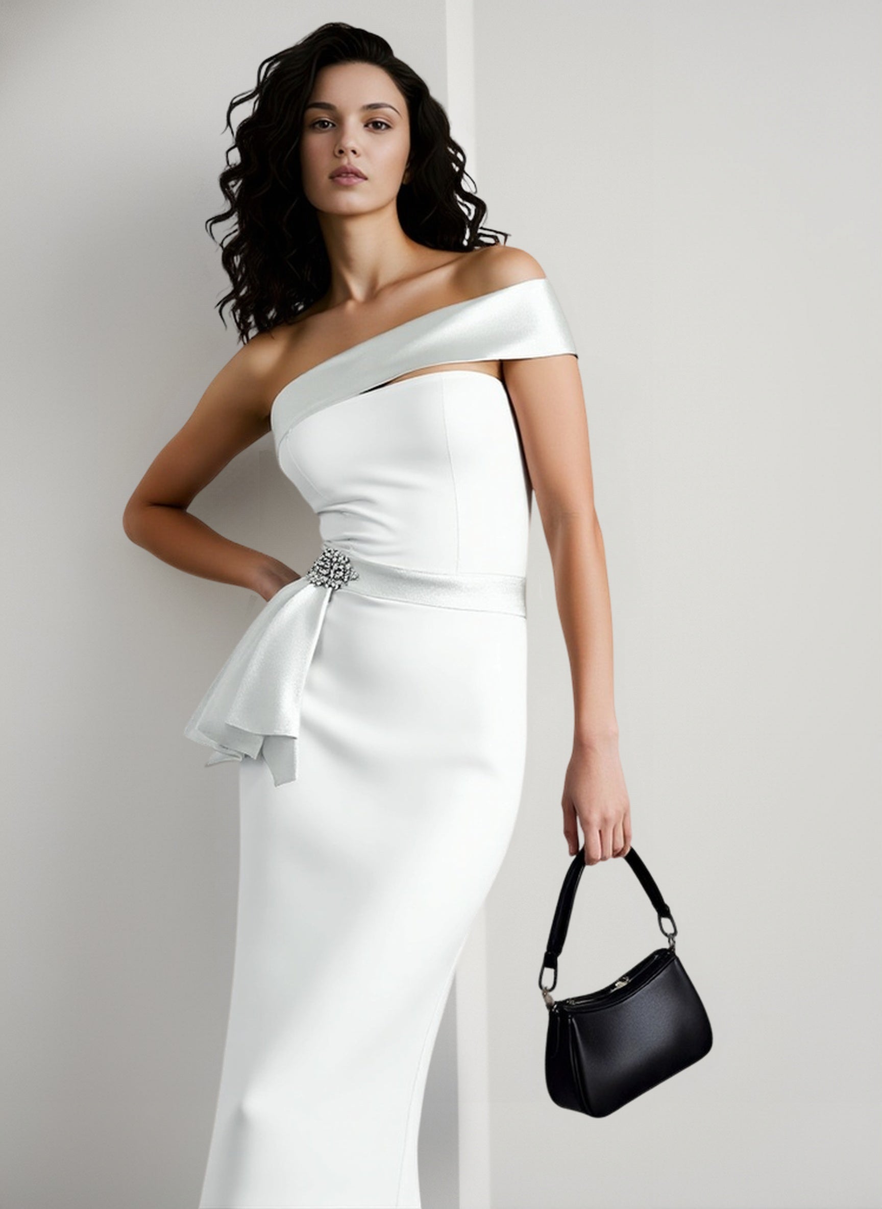 Satin Strapless Cut Out Peplum Rhinestone Column Maxi Dress