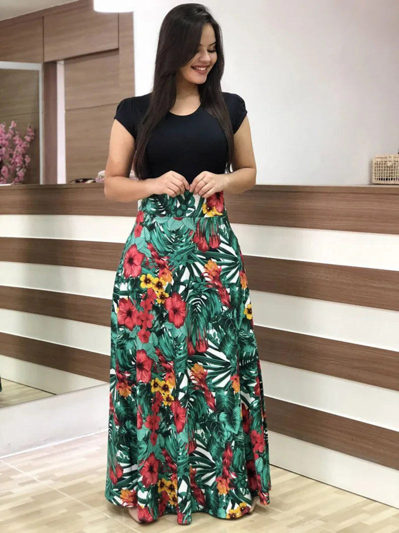Color Block Floral Short Sleeve Midi Dress