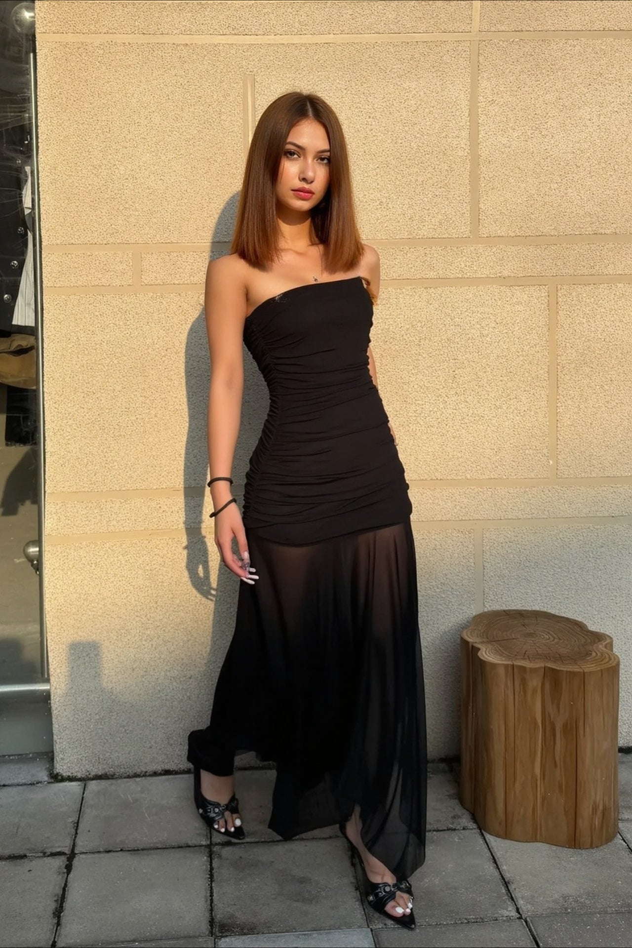Solid Strapless Mesh Panel Party Dress 6