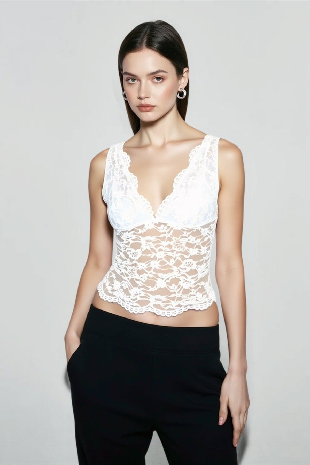Sheer Floral Lace Scalloped V-Neck Sleeveless Top