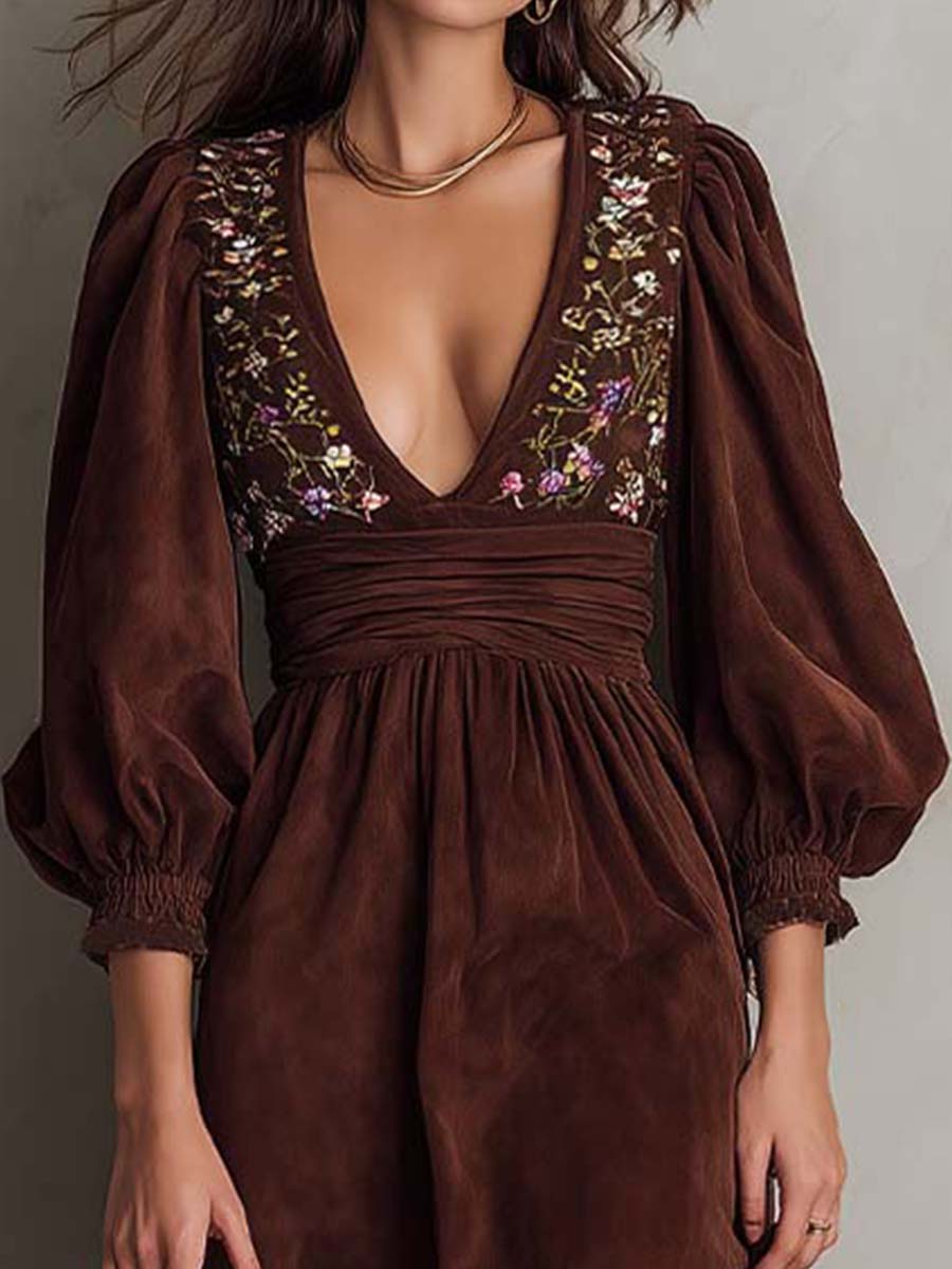 Embroidered Bohemian Puff-Sleeve Midi Dress