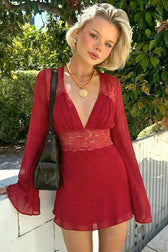 Lace Trim Deep V Mesh Flared Sleeve Fit Lace Dress