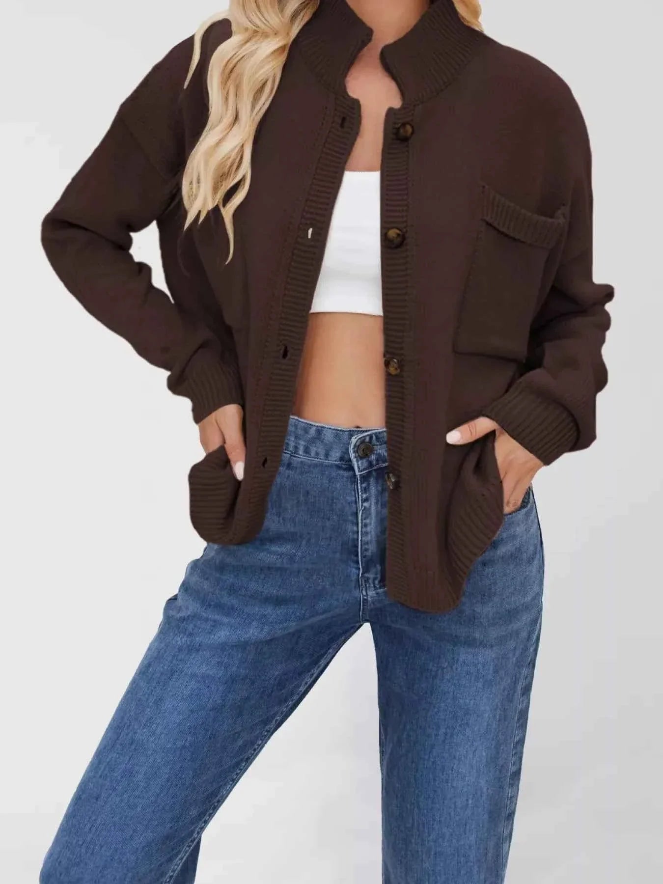 Button Up Dropped Shoulder Cardigan