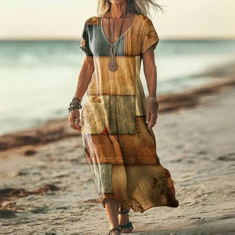 Tie Dye Print V-Neck Short Sleeve Loose Maxi Beach Dress