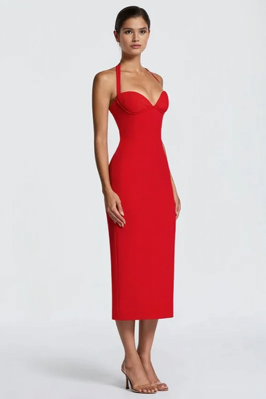Solid Halter Neck Tie Back Midi Party Dress