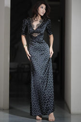 Lace Trim V-Neck Polka Dot Fit Floor Lace Dress
