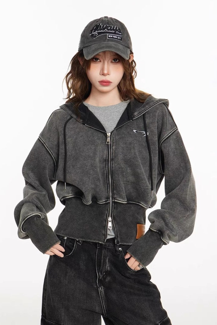 Washed Embroidered Cropped Hoodie