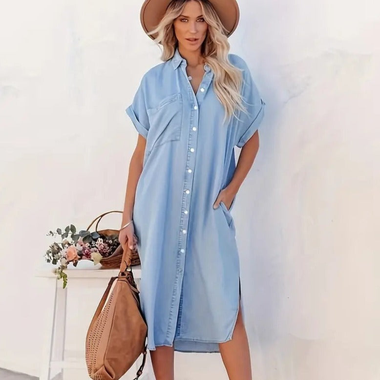Denim Look Button Front Short Sleeve Midi Shirt Dress