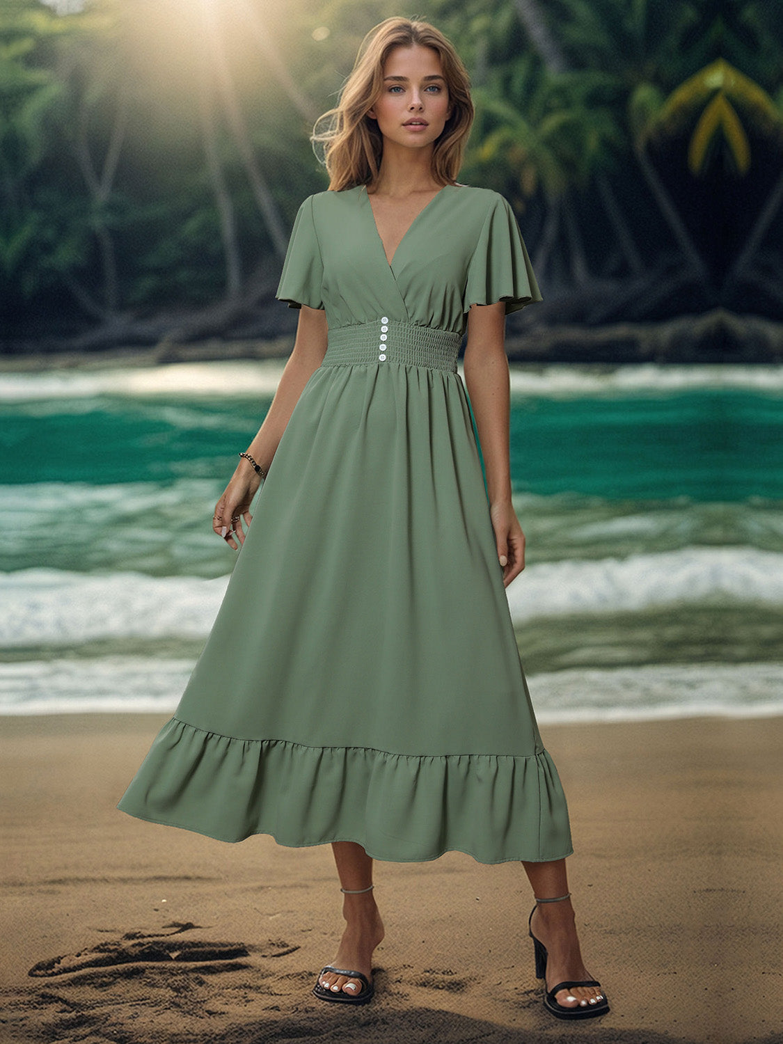 Surplice Flutter Sleeve Midi Dress Sage