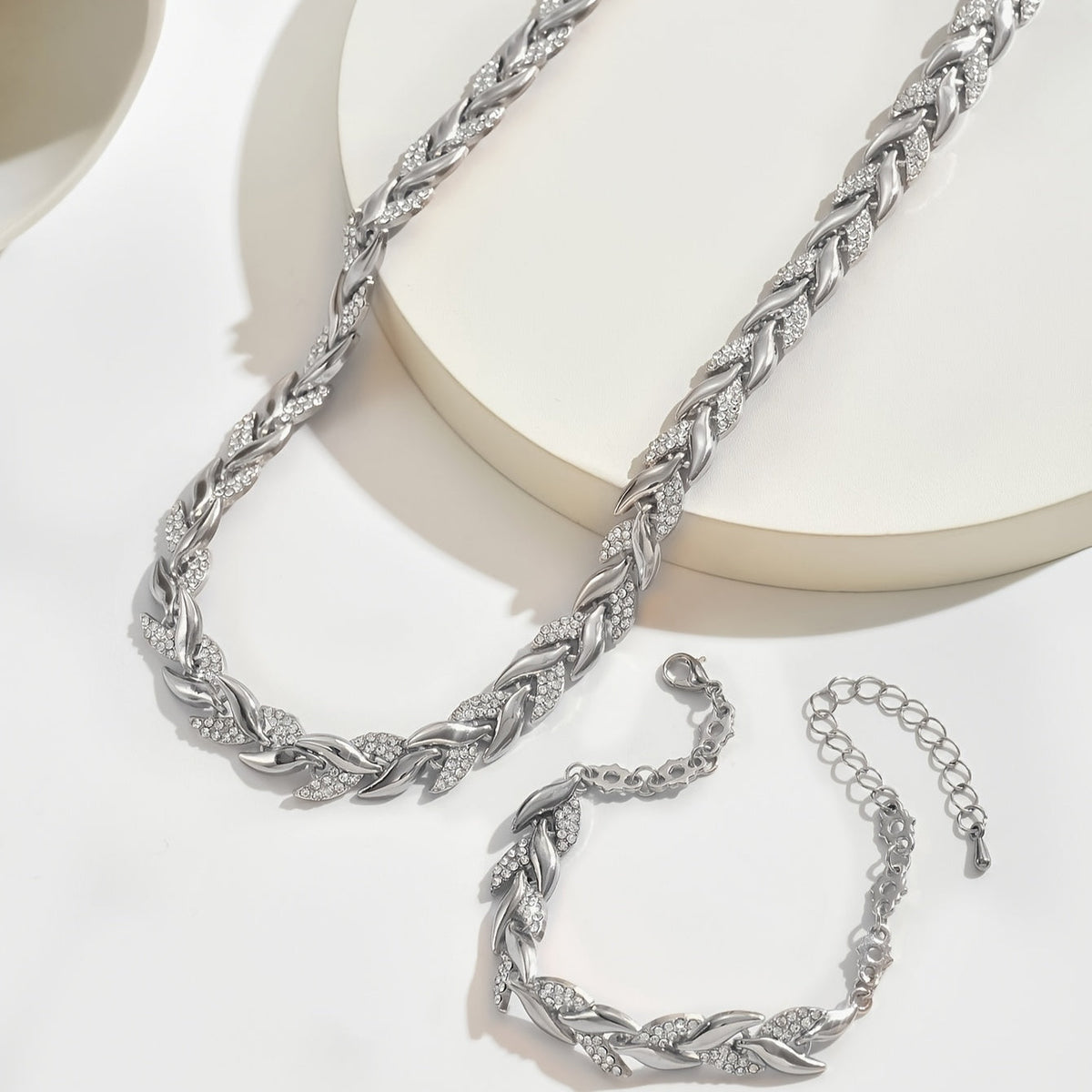 Rhinestone Leaf Link Necklace and Bracelet Set