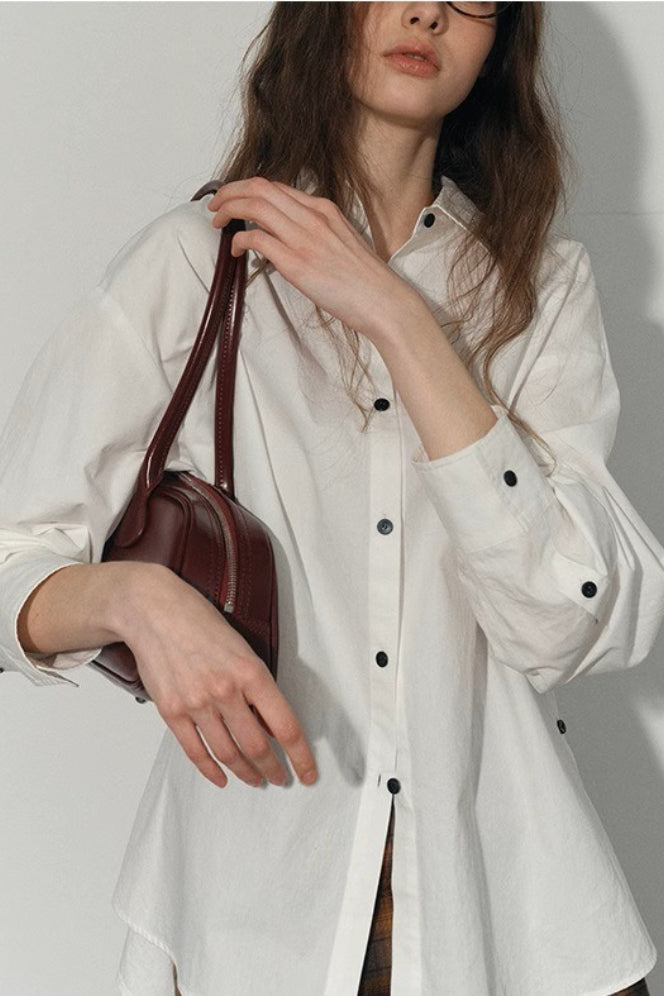 Collared Long Sleeve Contrast Button Oversized Longline Shirt