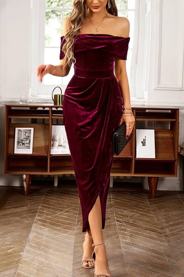 Velvet Off Shoulder Ruched Wrap Tulip Hem Midi Party Dress 2