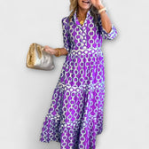 Chain Print Collared Long Sleeve Tiered Midi Dress 4