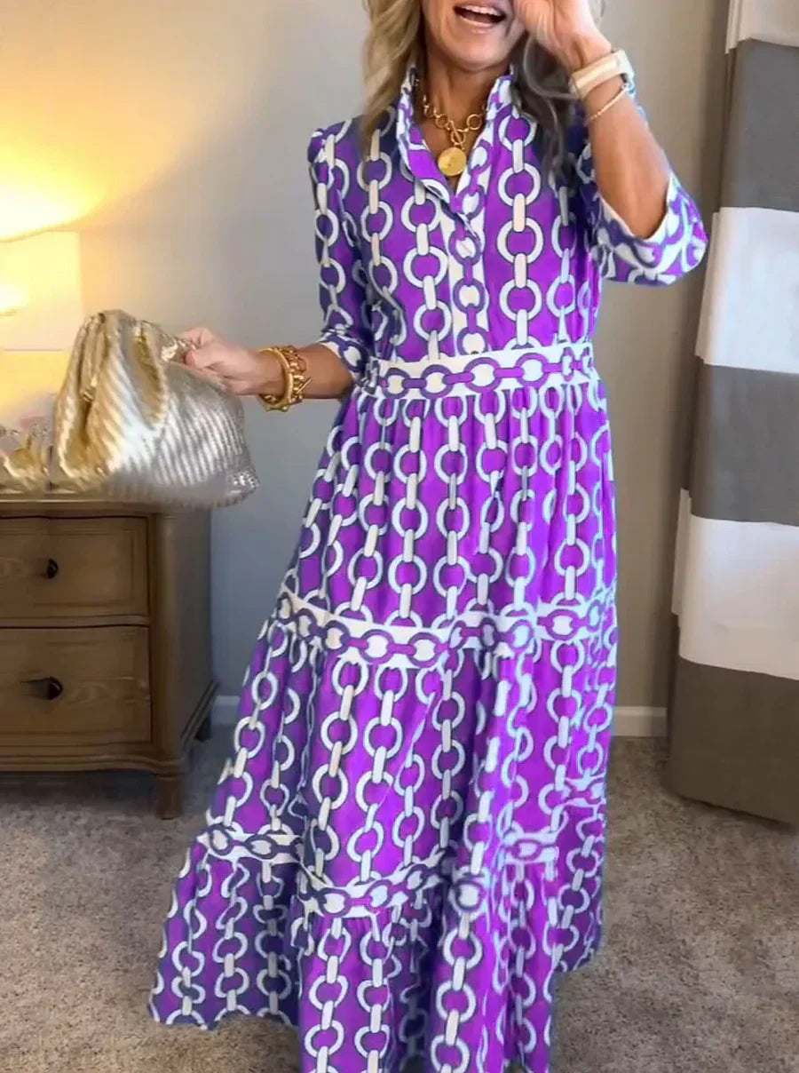 Chain Link Print Collared Long Sleeve Tiered Maxi Dress