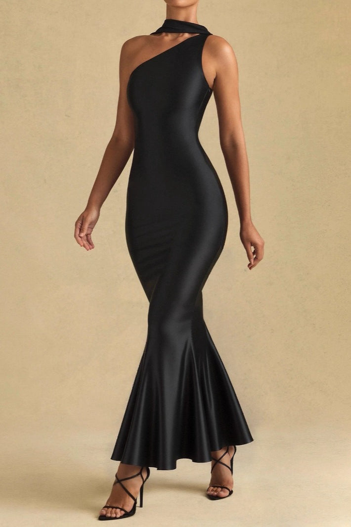 Satin One Shoulder Scarf Drape Sleeveless Mermaid Maxi Gown 3