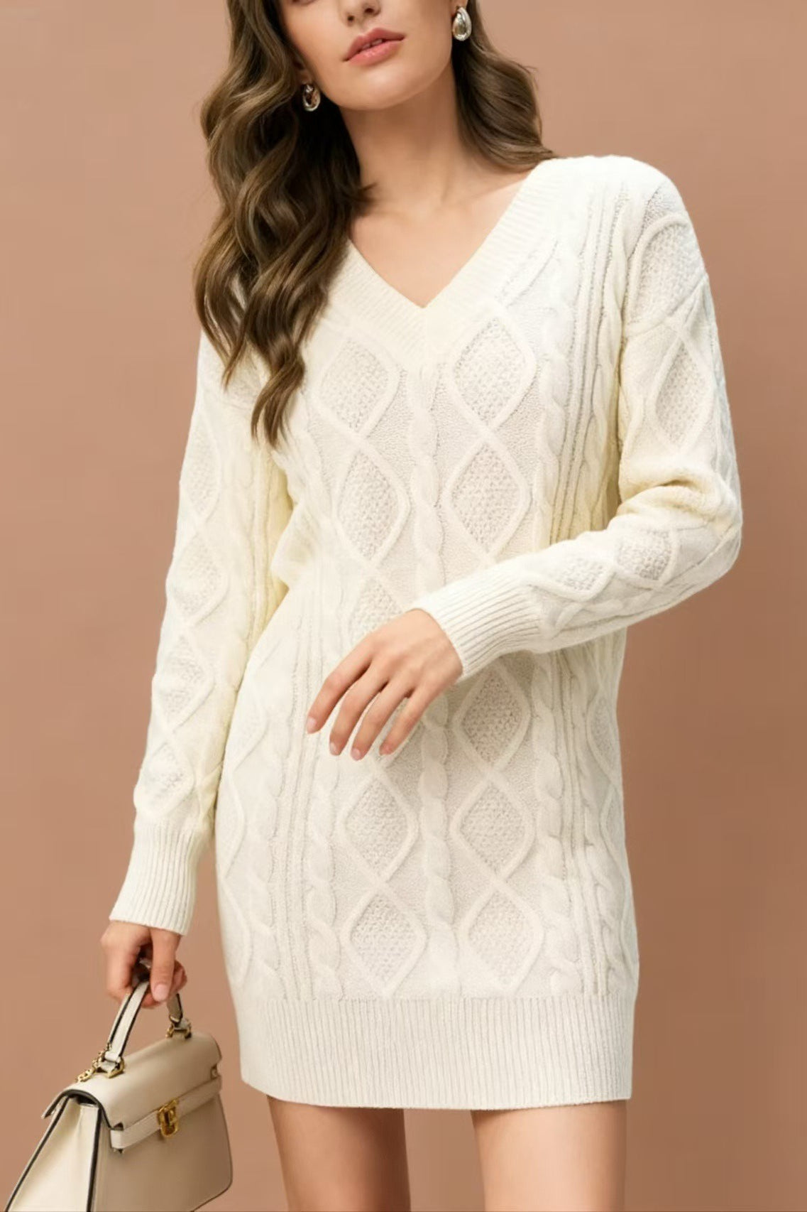 V-Neck Cable Knit Sweater Dress