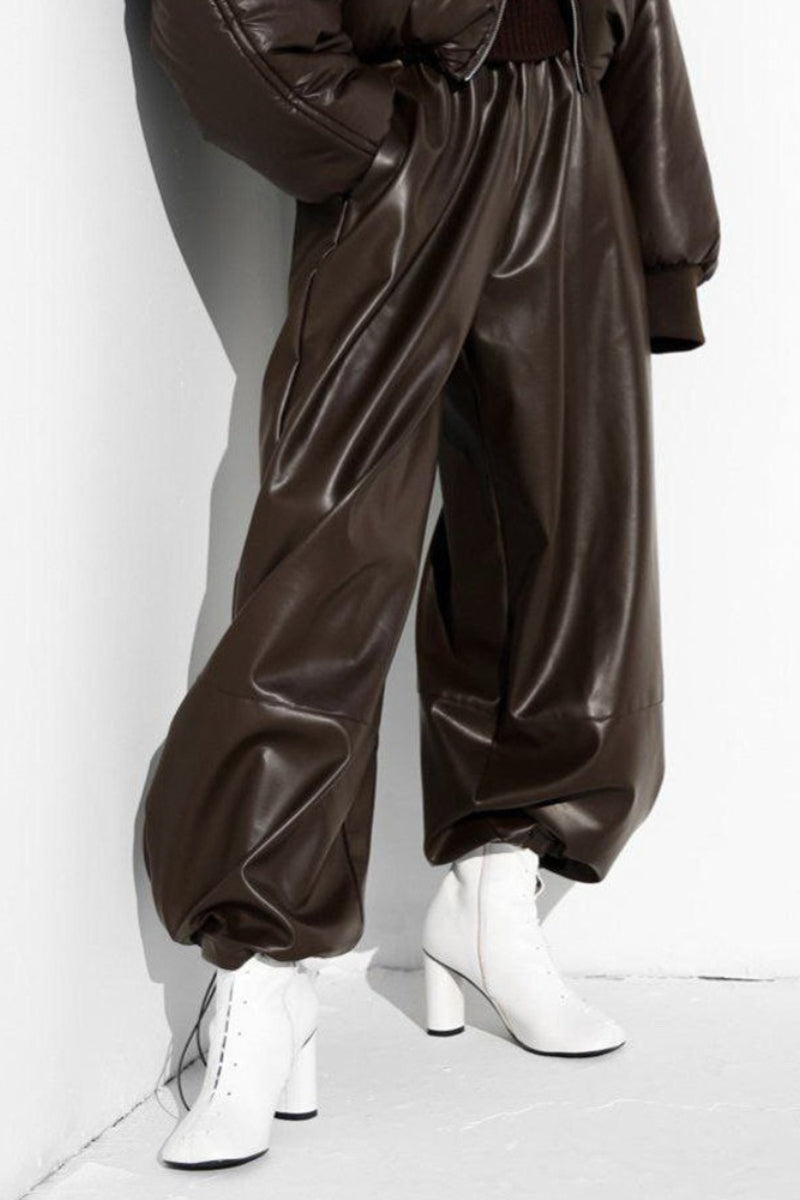 Drawstring PU Harem Loose Tapered Pants