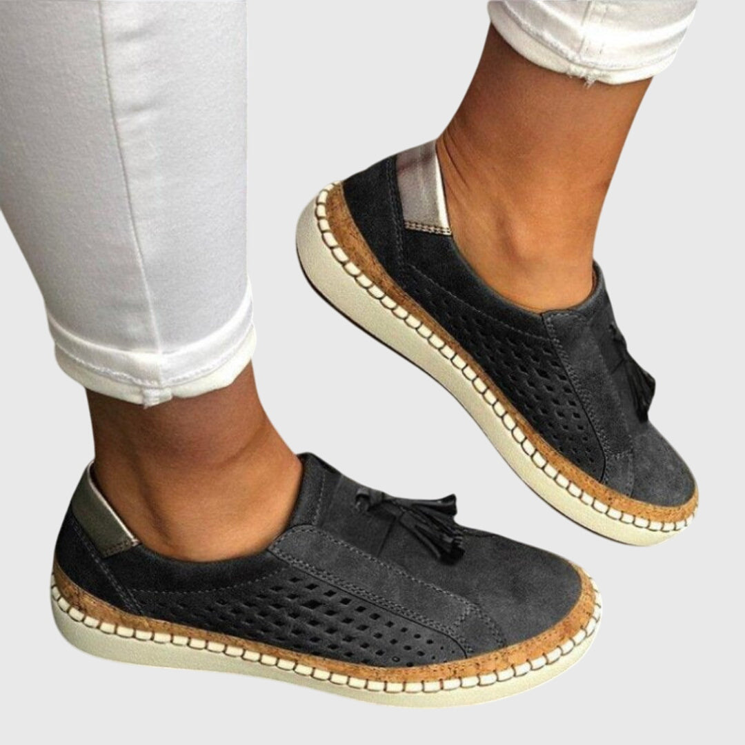 Perforated Cut Out Tassel Suede Look Slip On Sneakers