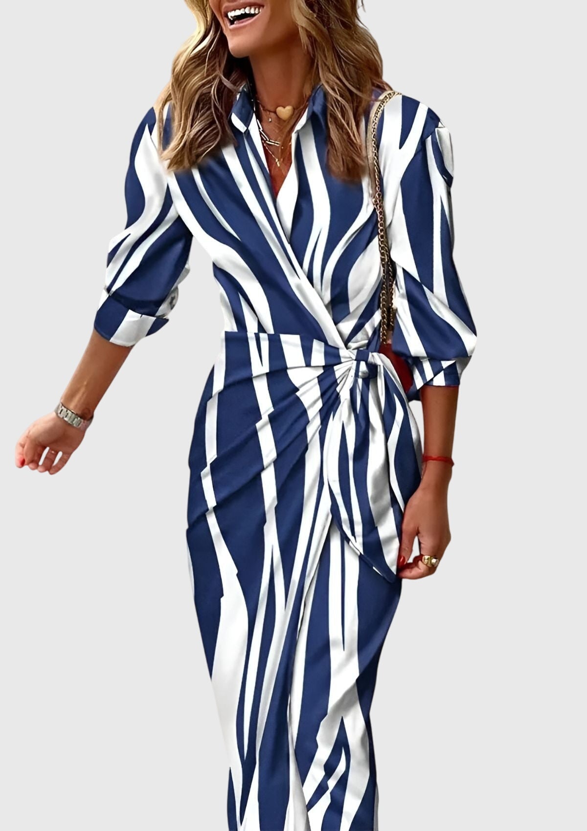 Geometric Print Collared Long Sleeve Wrap Tie Midi Dress 12