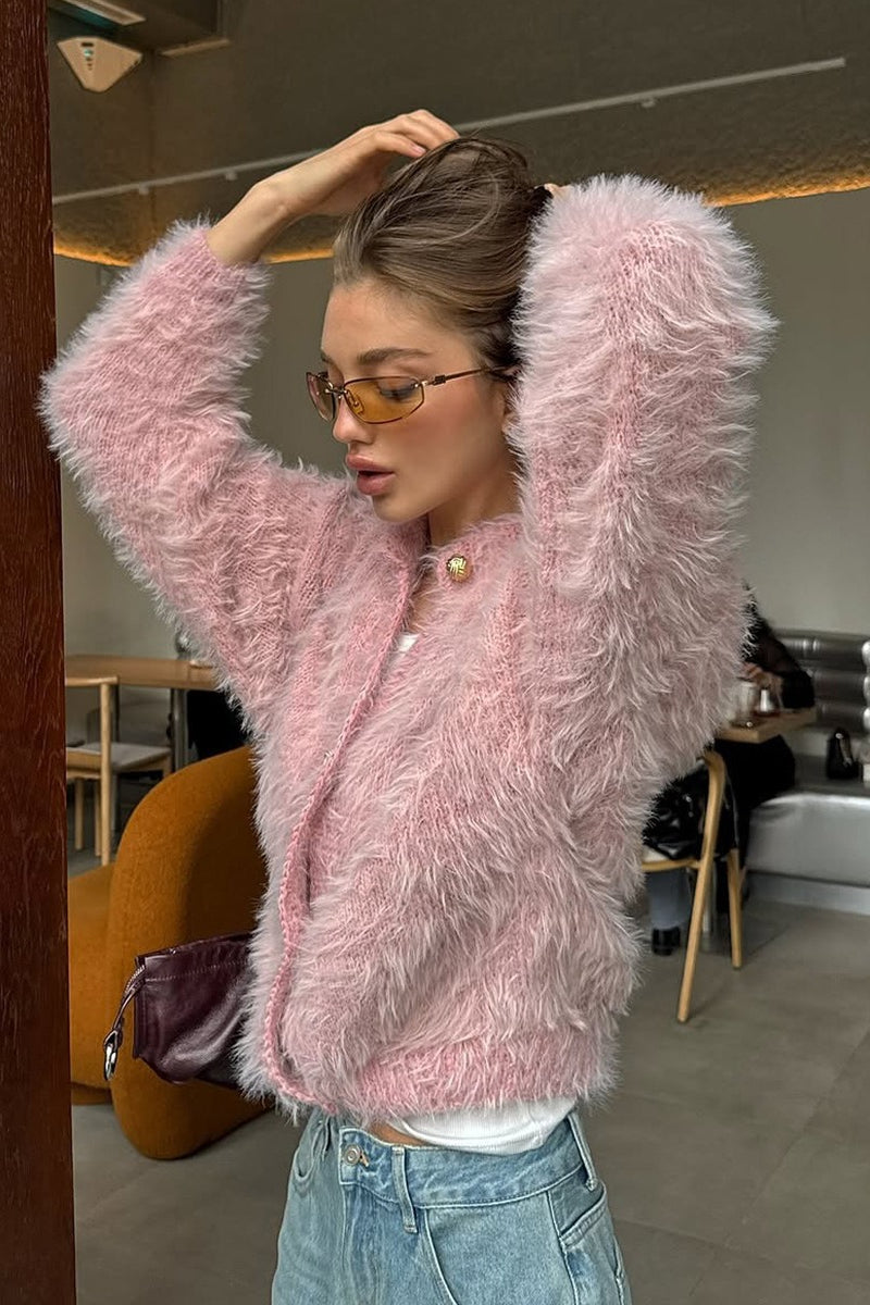 Crew Neck Long Sleeve Shaggy Fuzzy Knit Button Front Cardigan