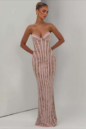 Strapless Lace Vertical Bodycon Maxi Lace Dress