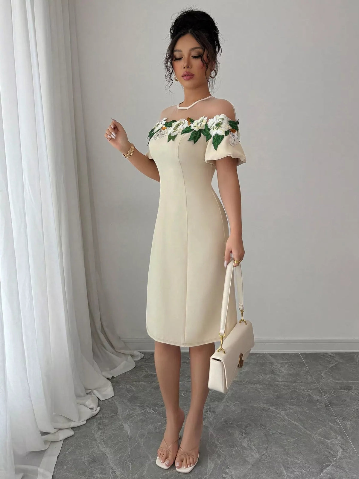 Floral Embroidered Mesh Yoke Puff Sleeve Sheath Midi Dress 5