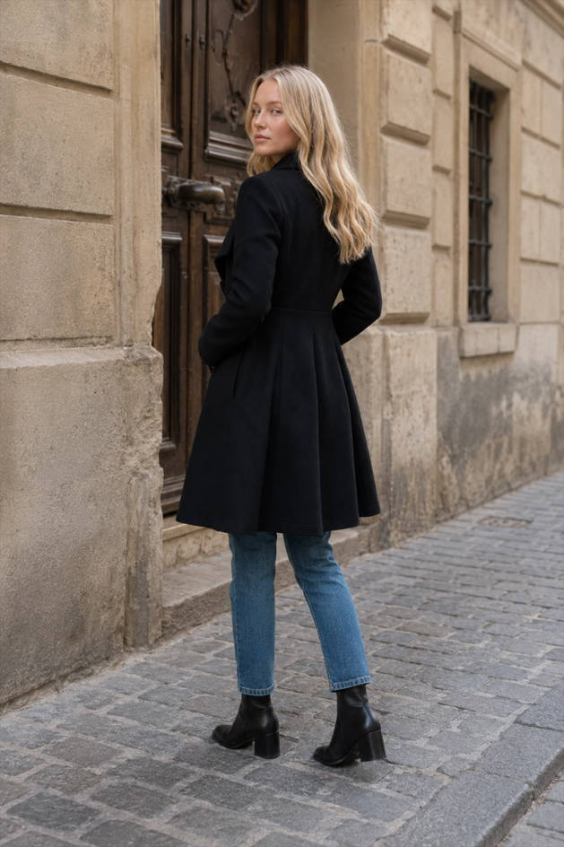 Wide Lapel Collar Fit and Flare Wool-Look Longline Coat 2