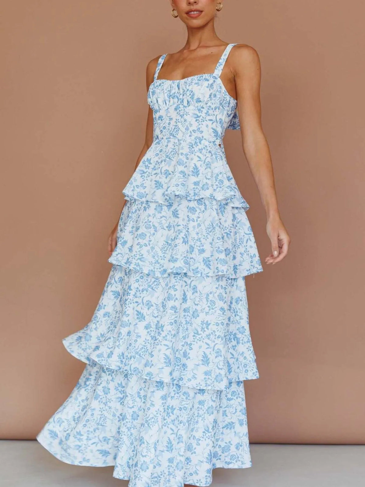 Floral Print Square Neck Cami Tiered Ruffle Maxi Dress 12
