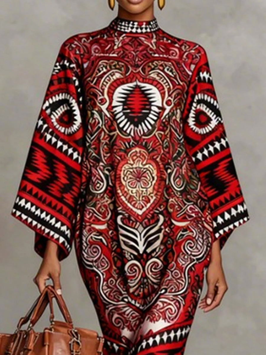 Aztec Print High Neck Long Sleeve Twist Front Midi Dress 5