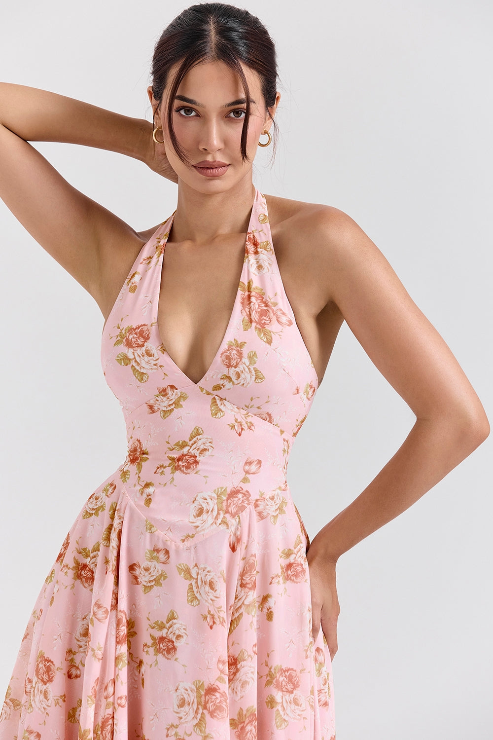 Rose Print Georgette Halter Plunge Full Skirt Midi Dress 3