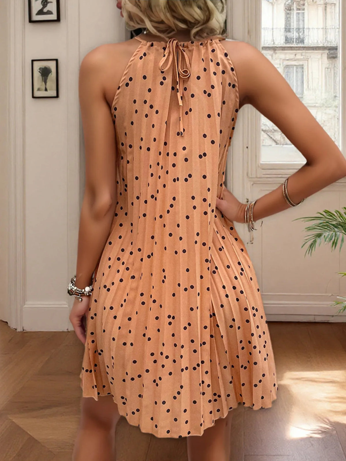 Polka Dot Halter Neck Pleated Sleeveless Mini Dress 2