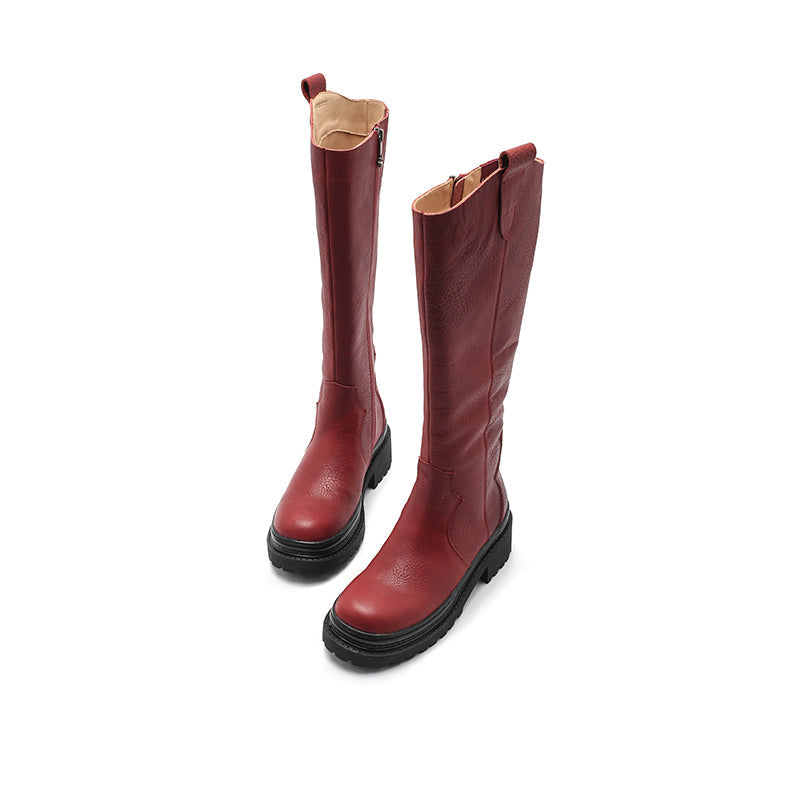 Belt Buckle Leather Knee High Boots Cowboy Boots Chunky Riding Boots in Black/Brown/Beige