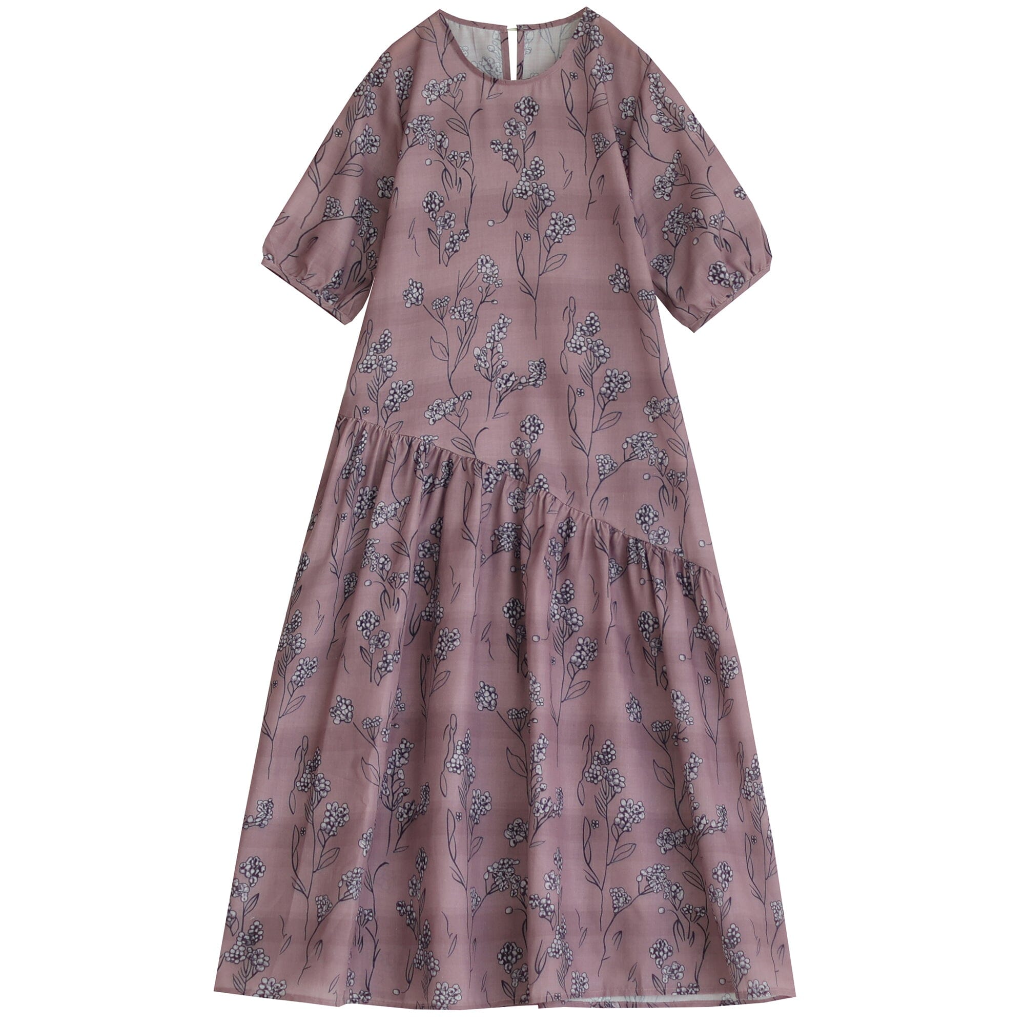 Floral Print Round Neck Short Puff Sleeve Asymmetrical Ruffle Tier Midi Dress
